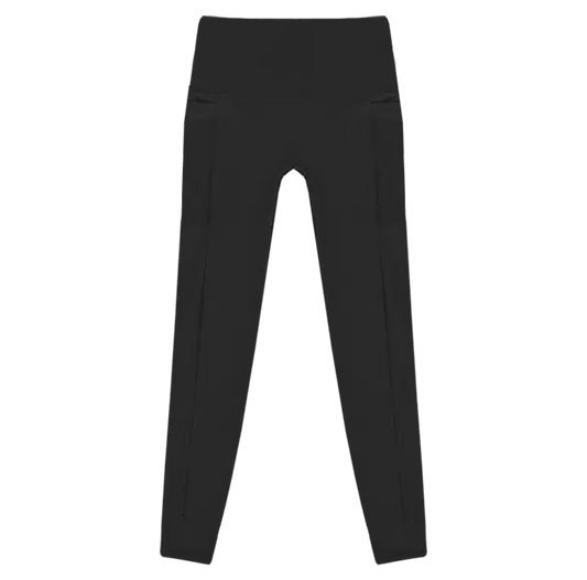 A flat lay image of the Allawah Leggings in the colour Black, showcasing side pockets and a seamless front