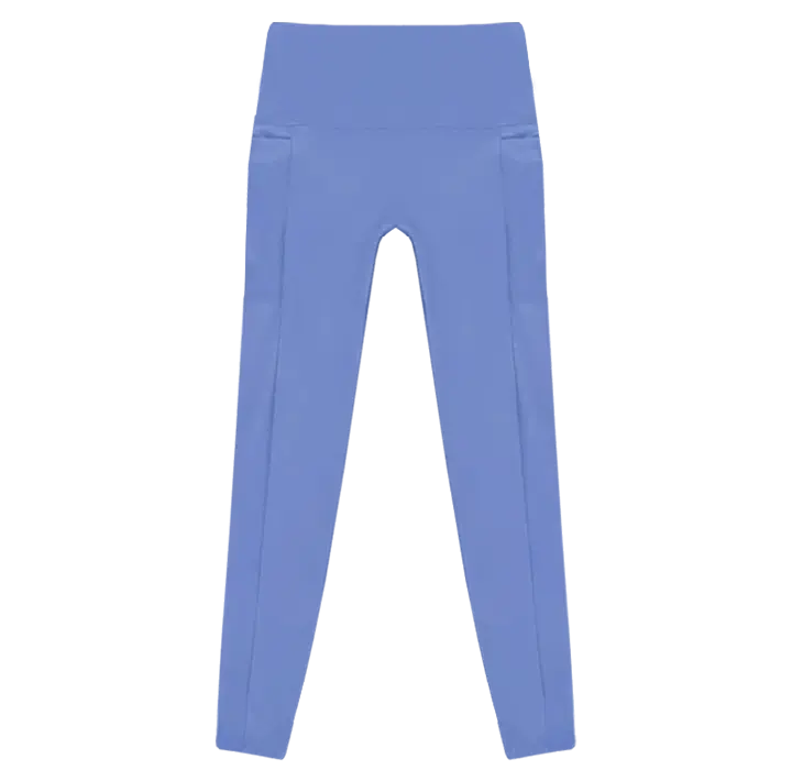 A flat lay image of the Allawah Leggings in the colour Cornflower, showcasing side pockets and a seamless front