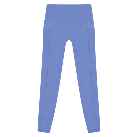 A flat lay image of the Allawah Leggings in the colour Cornflower, showcasing side pockets and a seamless front