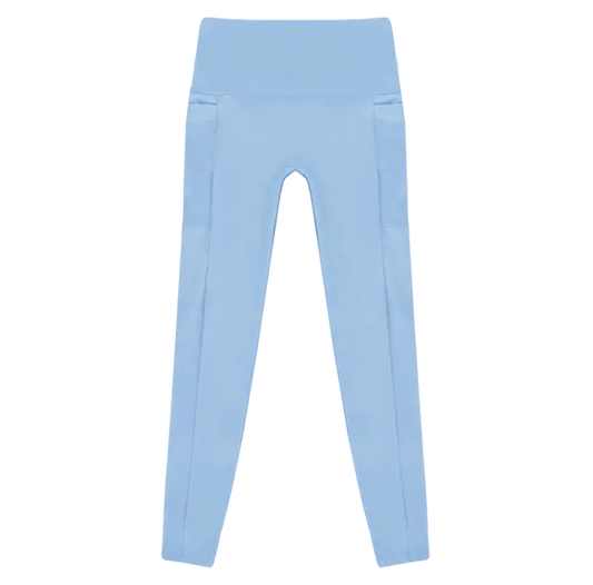 A flat lay image of the Allawah Leggings in the colour Crystal, showcasing side pockets and a seamless front