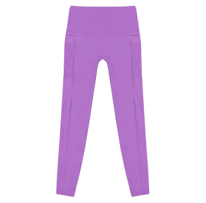 A flat lay image of the Allawah Leggings in the colour Lavender, showcasing side pockets and a seamless front
