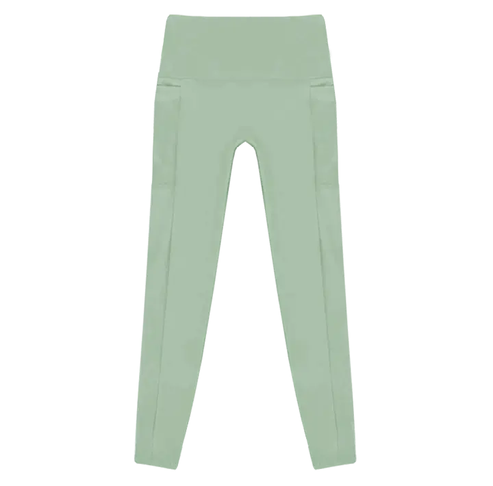 A flat lay image of the Allawah Leggings in the colour Moss, showcasing side pockets and a seamless front