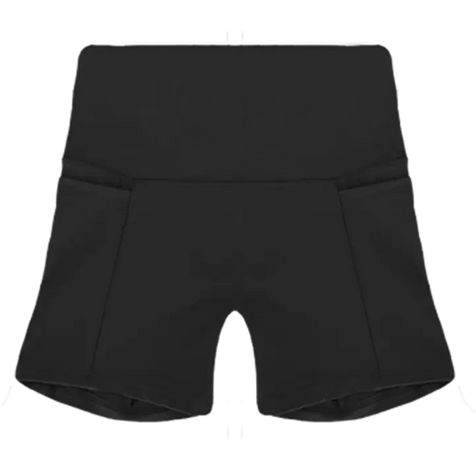 A flat lay image of the Allawah Shorts in the colour Black, showcasing side pockets and a seamless front