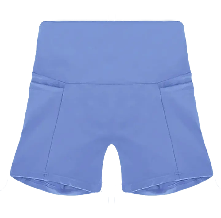 A flat lay image of the Allawah Shorts in the colour Cornflower, showcasing side pockets and a seamless front