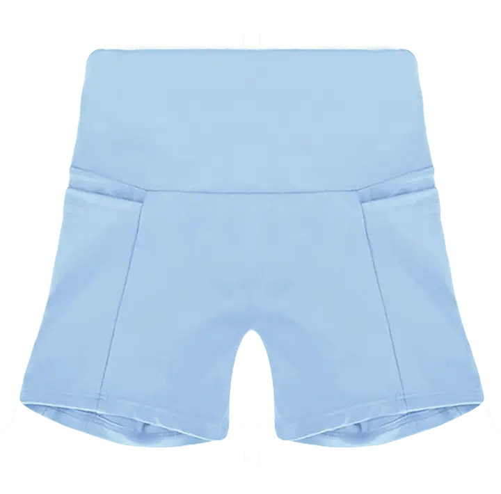 A flat lay image of the Allawah Shorts in the colour Crystal, showcasing side pockets and a seamless front