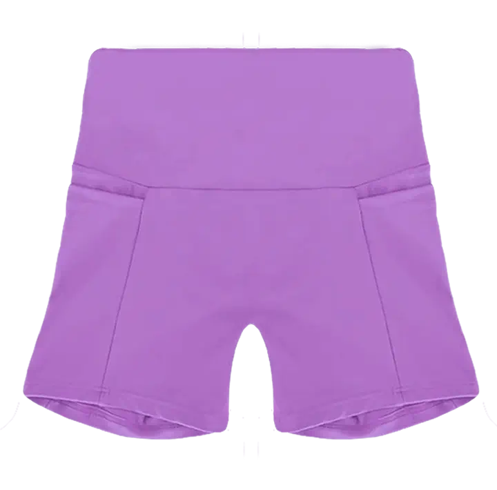 A flat lay image of the Allawah Shorts in the colour Lavender, showcasing side pockets and a seamless front