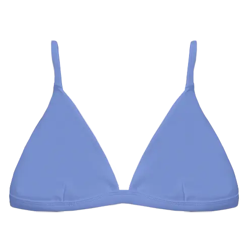 A flat lay image of our classic triangle swim top Bindi in the colour Cornflower