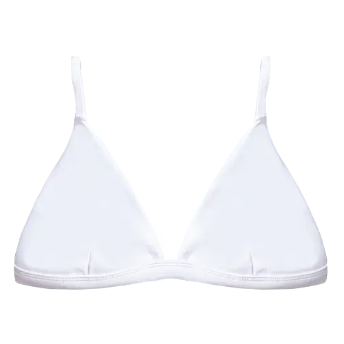 A flat lay image of our classic triangle swim top Bindi in the colour White