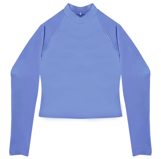 A flat lay image of the Euroka Cropped Rash Vest in the colour Cornflower