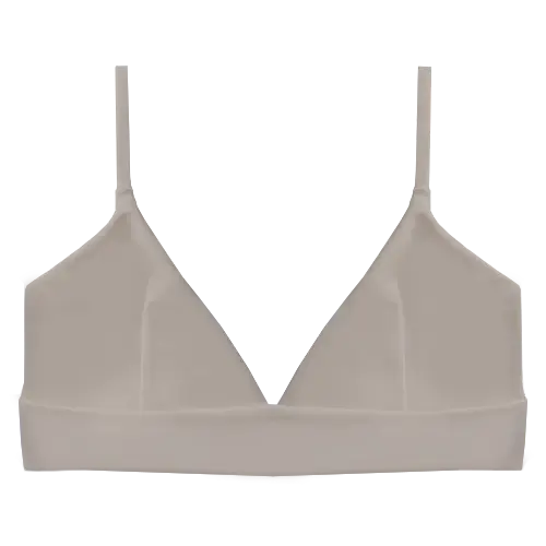 A flat lay image of our sporty style triangle swim top Iluka in the colour Taupe