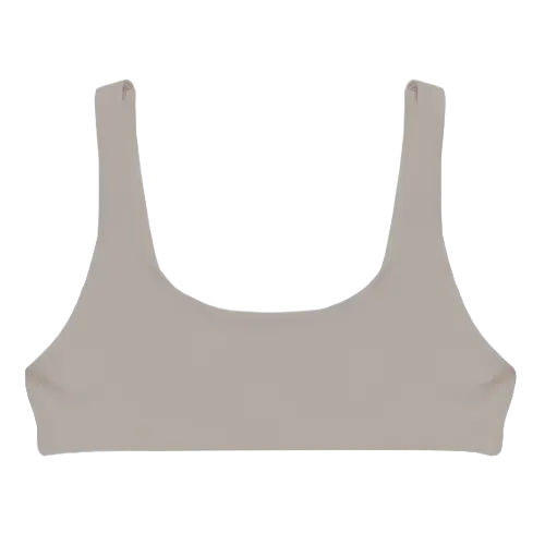 A flat lay image of our sporty style swim top Lowanna in the colour Taupe