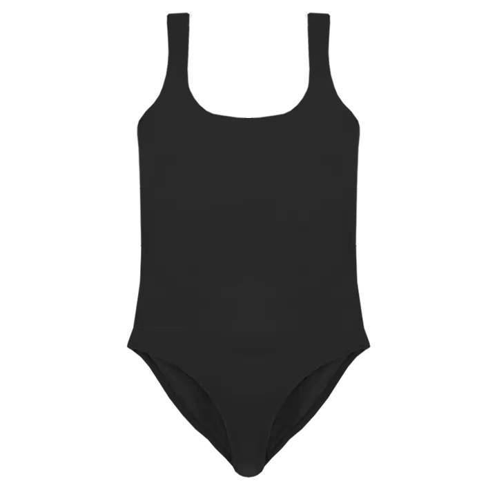 A flat lay image of the Talia one piece in the colour Black, showcasing its timeless square neckline and elegant design