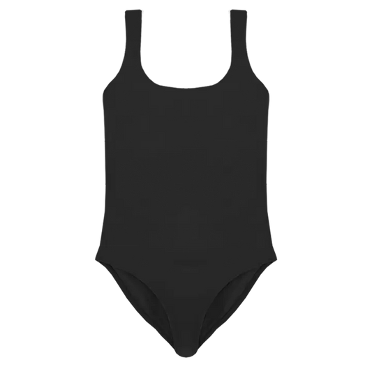 A flat lay image of the Talia one piece in the colour Black, showcasing its timeless square neckline and elegant design