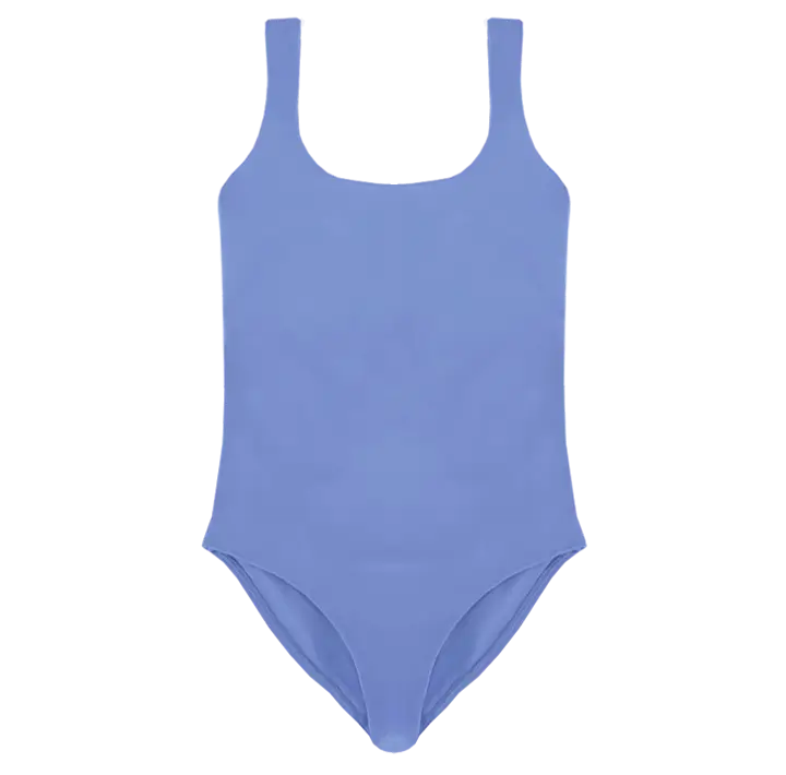 A flat lay image of the Talia one piece in the colour Cornflower, showcasing its timeless square neckline and elegant design