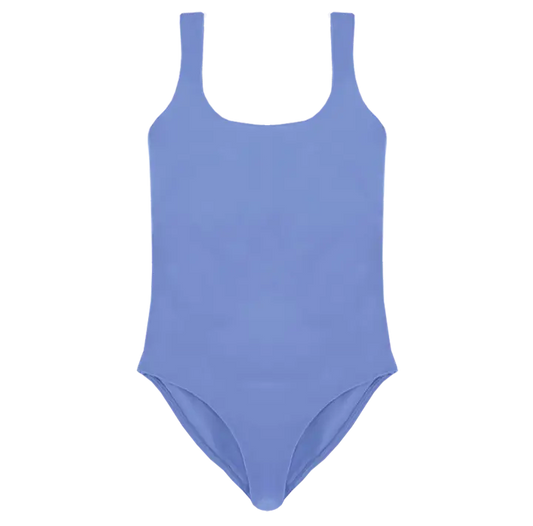 A flat lay image of the Talia one piece in the colour Cornflower, showcasing its timeless square neckline and elegant design