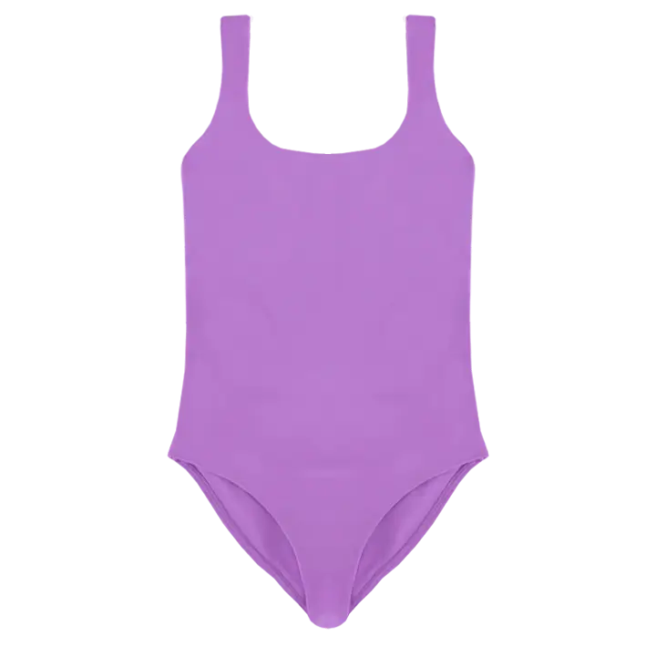 A flat lay image of the Talia one piece in the colour Lavender, showcasing its timeless square neckline and elegant design