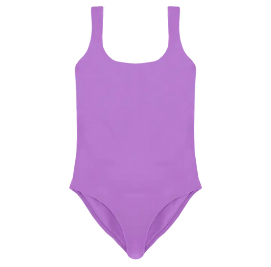A flat lay image of the Talia one piece in the colour Lavender, showcasing its timeless square neckline and elegant design