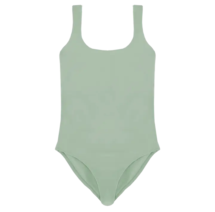 A flat lay image of the Talia one piece in the colour Moss, showcasing its timeless square neckline and elegant design