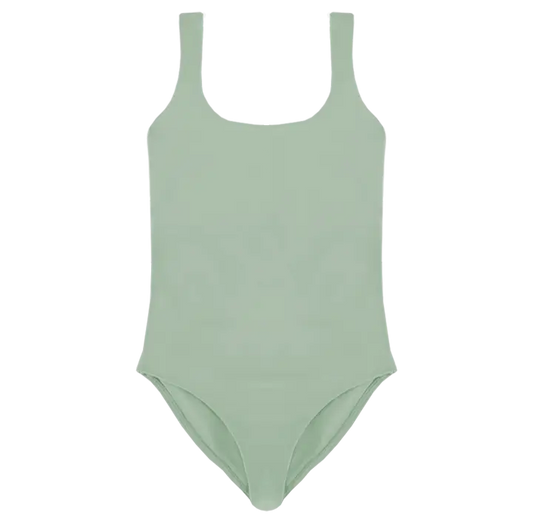 A flat lay image of the Talia one piece in the colour Moss, showcasing its timeless square neckline and elegant design