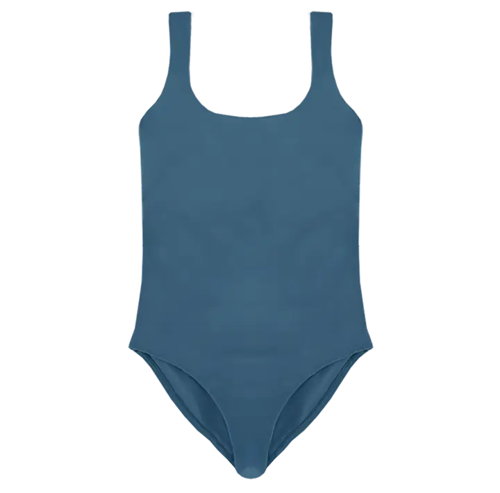 A flat lay image of the Talia one piece in the colour Resort, showcasing its timeless square neckline and elegant design