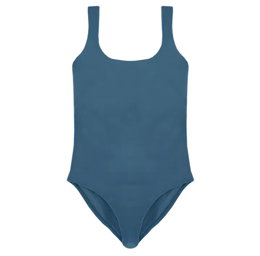 A flat lay image of the Talia one piece in the colour Resort, showcasing its timeless square neckline and elegant design