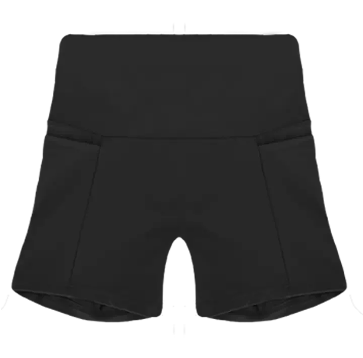 A flat lay image of the Allawah Shorts in the colour Black, showcasing side pockets and a seamless front