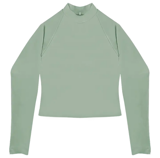 A flat lay image of the Euroka Cropped Rash Vest in the colour Moss